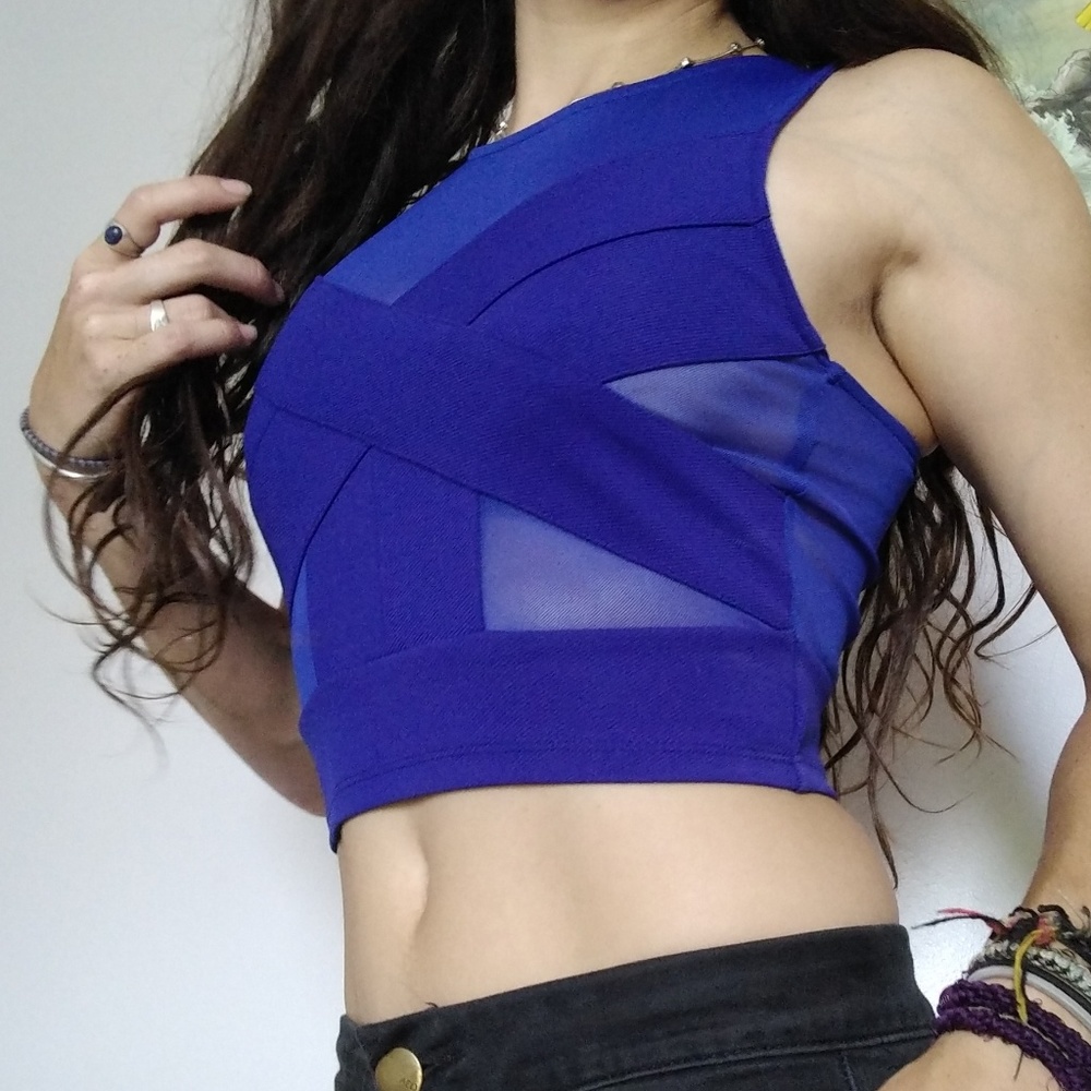 Blue Sparkle and fade mesh crop top